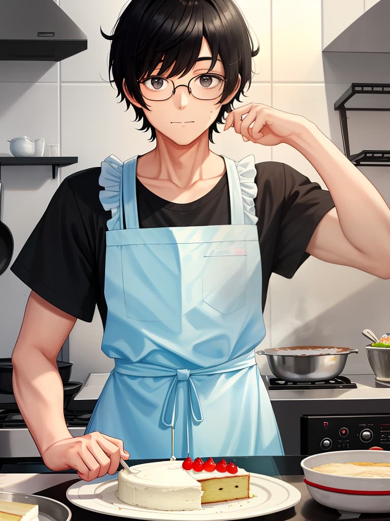  one man, black hair black eye, short hair, cake making, cooking, kitchen, bubble, bowl, apron, fun man, glasses