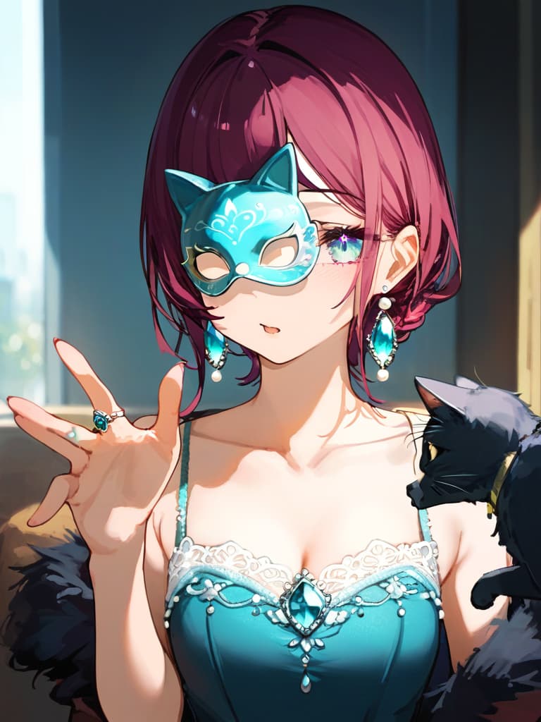  ultra detailed:1.2,masterpiece:1.2,best quality,masterpiece,bestquality,hdr:1.1,8k:1.1,very cute girl:1.3,((alexandrite stone:1. )),((hand up,reaching backhand,alexandrite ring:1.6)),(pearl earrings:1.4)(princess gown:1.3),(upper body:1.4),(face focus:1.2),((cat,masquerade mask:1.7))(close mouth:1.3)