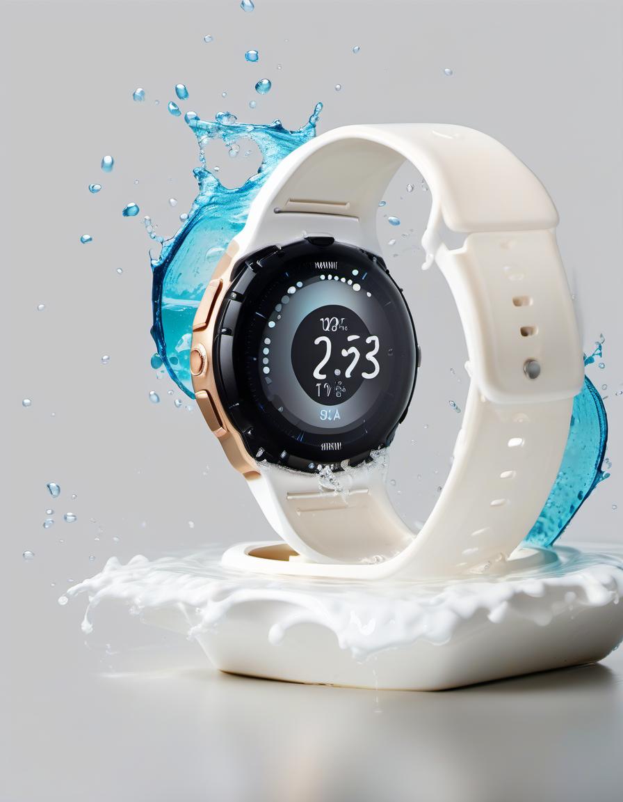  around the smart watch splashing water, light background, film photography style