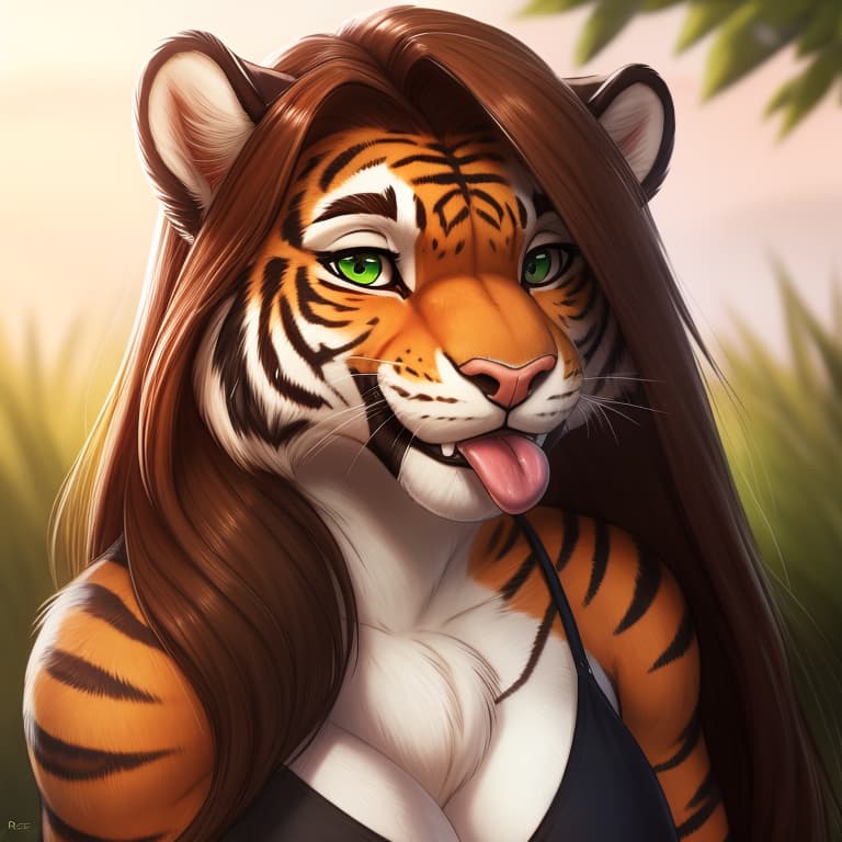  by raaz, felid mammal pantherine tiger blep blush brown_hair chest_tuft clothing female front_view fur green_eyes hair long_hair looking_at_viewer multicolored_body multicolored_fur orange_body orange_fur outside smile solo striped_body striped_fur stripes tongue tongue_out tuft white_body white_fur, open eyes, masterpiece, 4k, fine details,