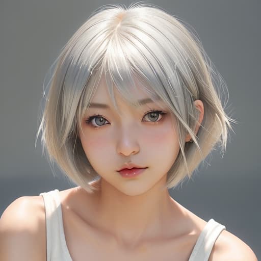  cute japanese girl face, cute short hair, light blonde and silver bob cut hairstyle, black sleeveless top, delicate makeup, cool style, natural lighting, photo realistic in the style of realistic.