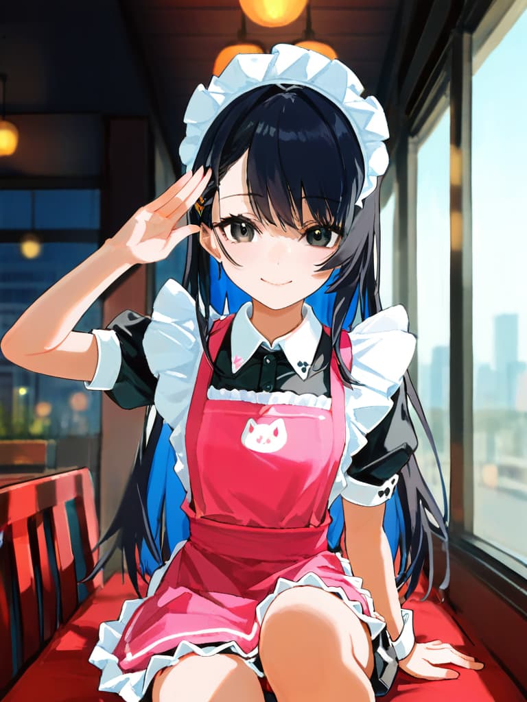  (super cute girl:2.0)(black hair color:2.0)(long hair :2.0)(black eye color:2.0)(smiling:1.5)(in cute maid outfit:2.0)(in shocking pink apron:1.5)(saluting:2.0)(from knees up:1.7) at entrance,masterpiece,high quality,super analysis,16k