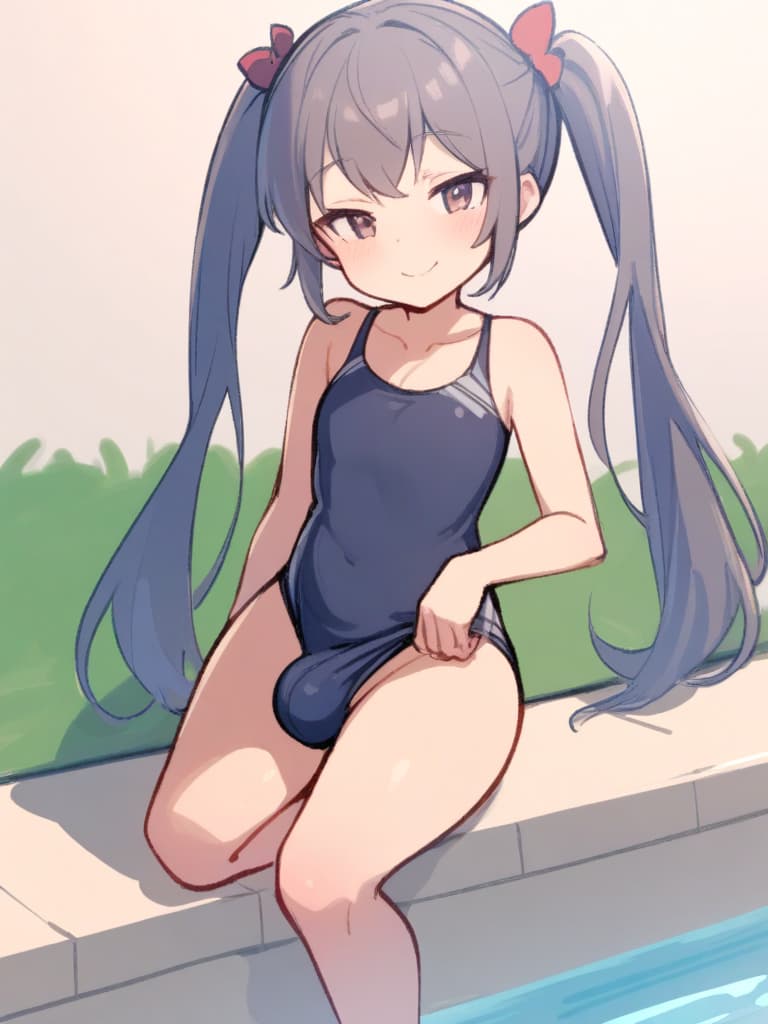  women's elementary students, twin tails, cute smiles, (rich s), low stature, dark blue swimwear, old swimwear, swimwear, simple, (bulging), male (bulging), (bulge), shaped crisp, shaped crisp chin ( ), front, whole body, pool side,