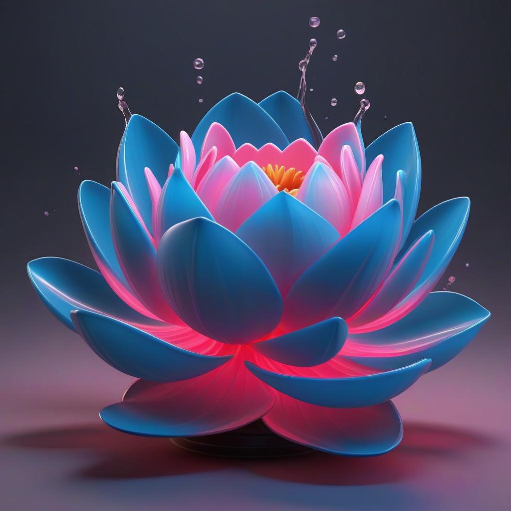  create an abstract 3d model of the lotus bud. use glass as the main material. petals should be transparent, have many bright highlights of blue and pink neon color. around the bud in the air should fly drops of fuzzy shape. the background must be black. near the rose should be an abstract water ring cloud, creating a levitation effect. lighting: bright neon. style 3d character