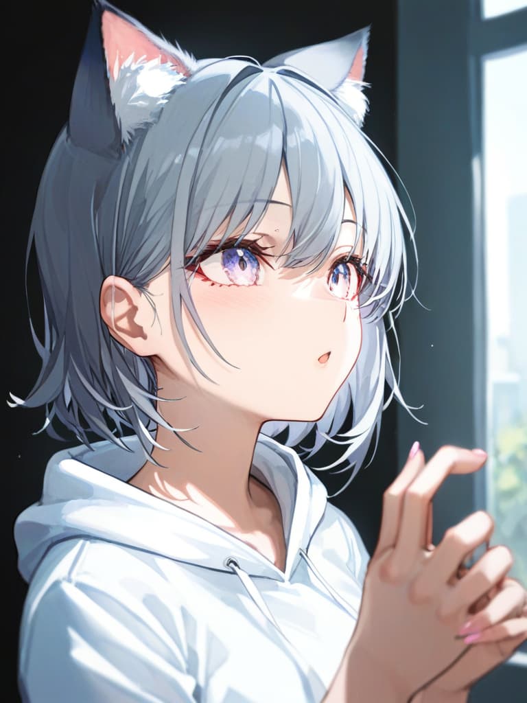  girls, cat ears, gray hair, white hoodie, short hair, masterpiece, best quality,8k,ultra detailed,high resolution,an extremely delicate and beautiful,hyper detail