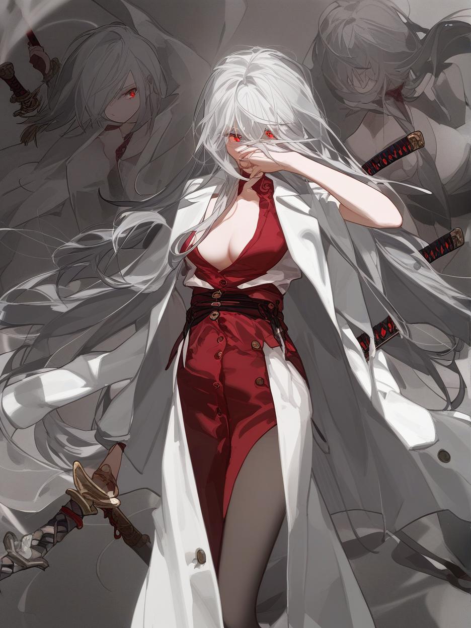  create for me a character with anime manga art. a woman with long, frayed silver hair, which even covers her face. she has deep, lifeless red eyes resembling wine. she wears dark dress pants. a red dress shirt with buttons on its front seam, two thin belts under its bust. a light gray lab coat on the shoulders. she walks around with two katanas around her waist. . best quality, high resolution