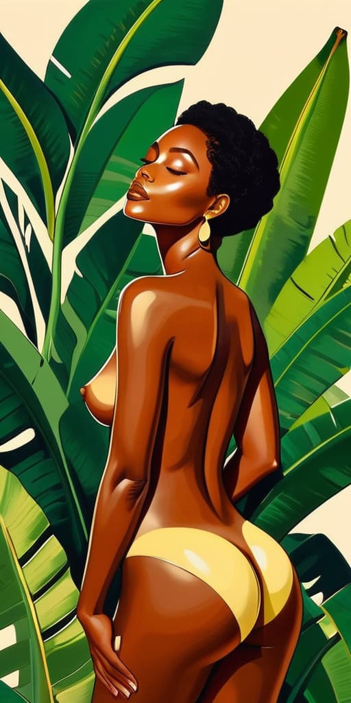  minimalism, a beautiful black woman surrounded by banana plant leaves. she is in a divine pose. their entire body. she is naked. semi minimalist painting, abstract, simple geometic shapes, hard edges, sleek contours, minimalism