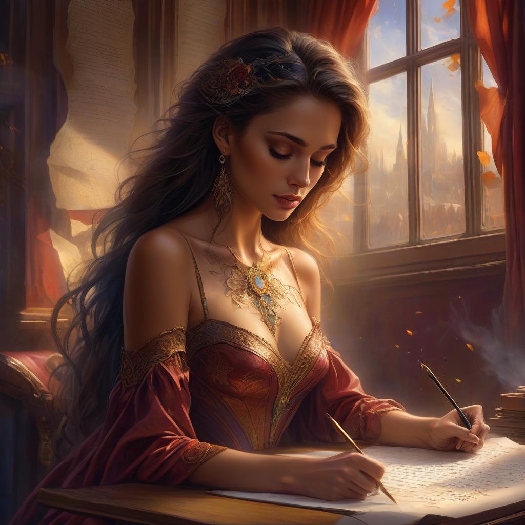  beautiful woman writing poetry, highly detailed, digital realistic painting, concept art with subtle shades, smooth, matte, intricate details, masterpiece, sharp focus, high octane rendering, words floating in the air, vibrant colors. digital image, charming composition, greg rutkowski