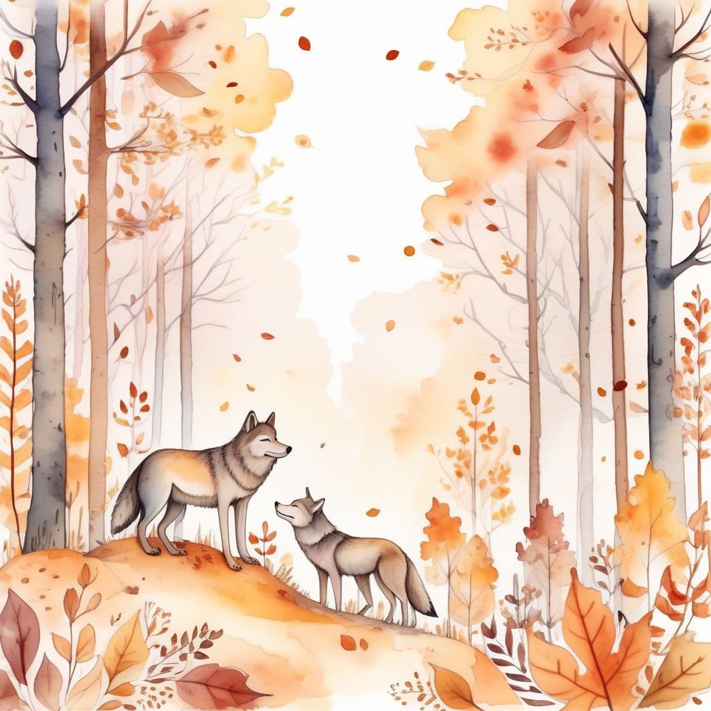  (painted) (watercolor) cute autumn forest background, autumn forest, soft shades, thin (ink outlines), objects on the edges of the sheet, empty middle, many details, masterpiece, harmonious composition, pack of wolves