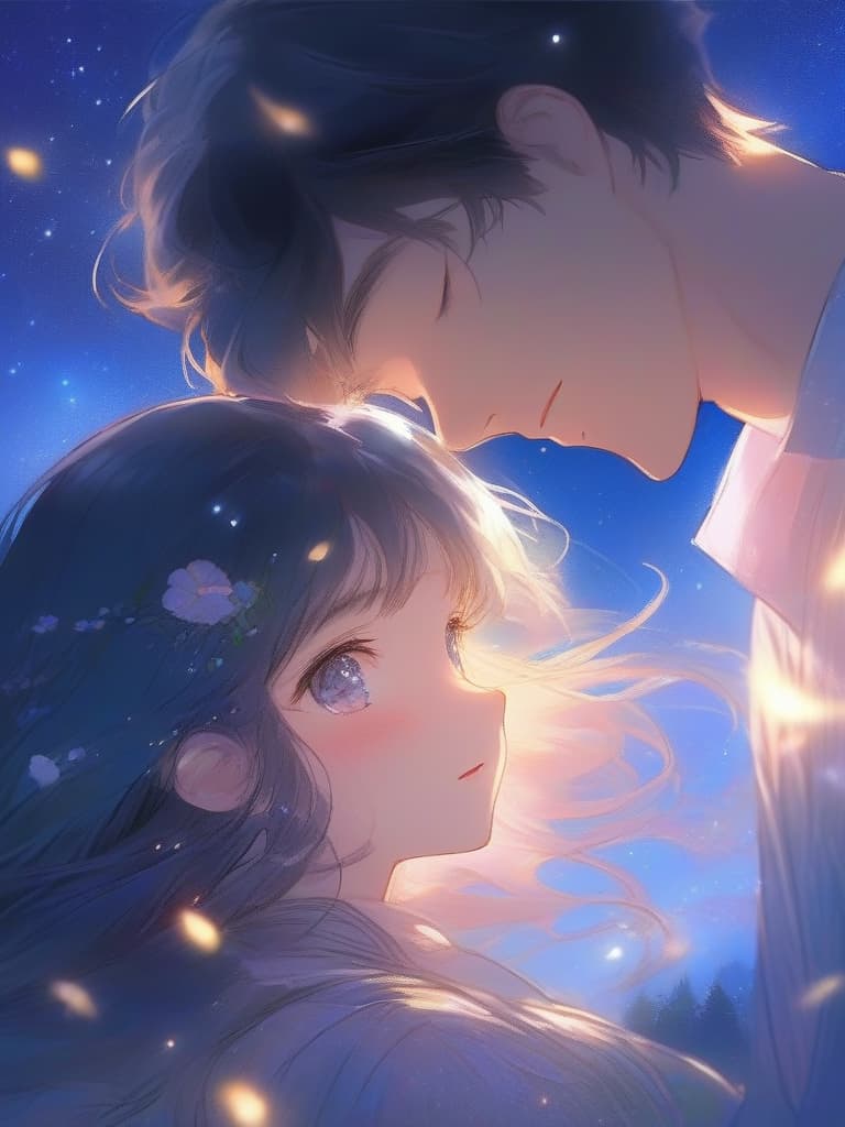  gentle illustration style,masterpiece {male and female couple:1.2}{{beautiful man and woman}}{gazing at the night sky:1.2}{sad expression}{crescent moon and starry sky}{{foliage scattered at night:1.2}}{high quality,16k,super analysis,absurd{{close up of the upper body}}