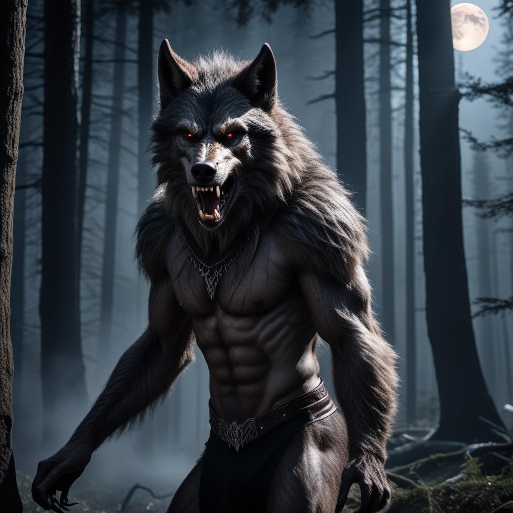  Sonny Olomua transformed into a werewolf. Depicted mid-transformation, with a mix of human and wolf features such as elongated fangs, claws, and a fur-covered body. The background is a dense, moonlit forest with a full moon in the sky, capturing the eerie and mystical atmosphere associated with werewolves. The scene should convey a sense of strength and mystery, as well as the supernatural nature of the werewolf transformation. hyperrealistic, full body, detailed clothing, highly detailed, cinematic lighting, stunningly beautiful, intricate, sharp focus, f/1. 8, 85mm, (centered image composition), (professionally color graded), ((bright soft diffused light)), volumetric fog, trending on instagram, trending on tumblr, HDR 4K, 8K