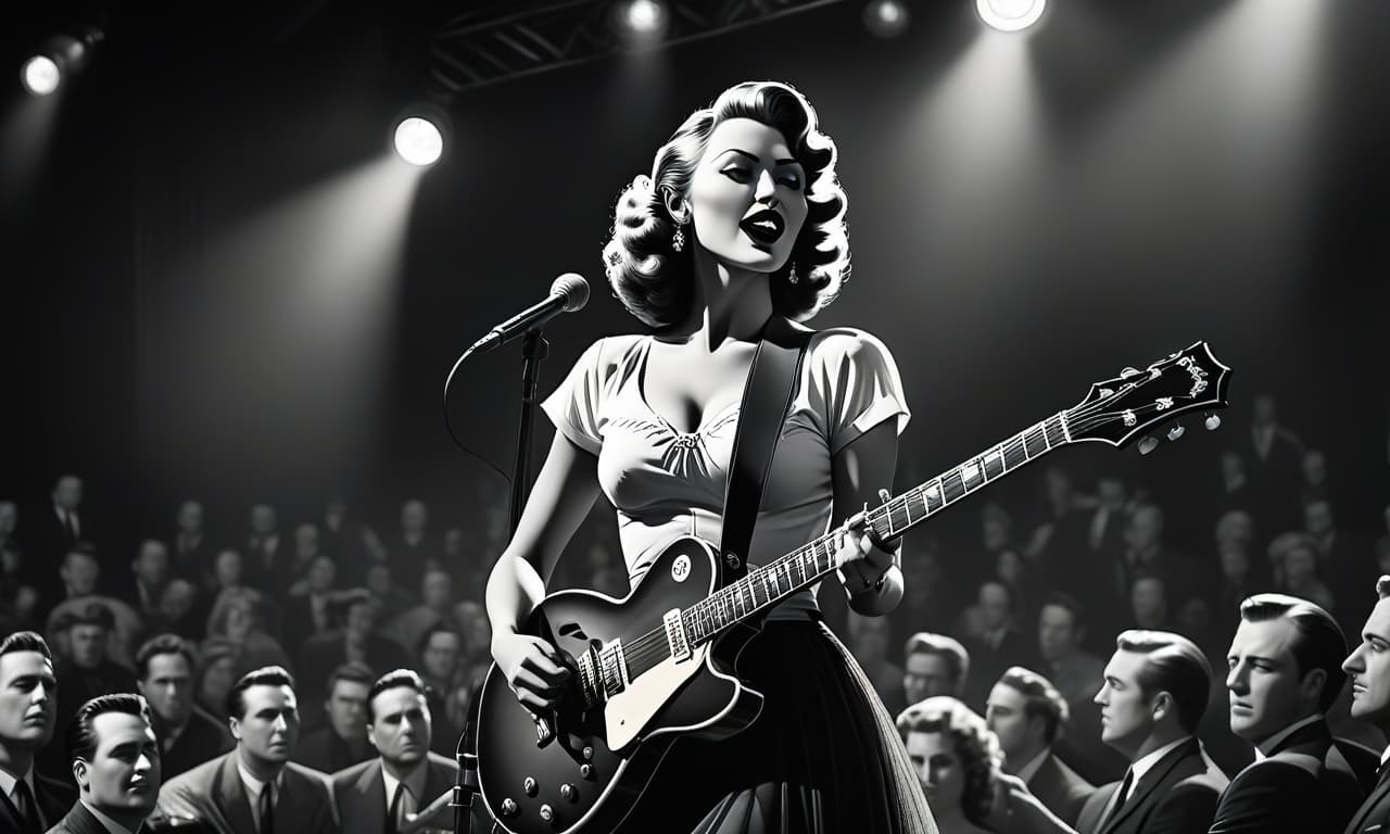  film noir style a beautiful eccentric rock diva with a guitar is on the stage before a crowd of fans, a vector image . monochrome, high contrast, dramatic shadows, 1940s style, mysterious, cinematic, t shirt design hyperrealistic, full body, detailed clothing, highly detailed, cinematic lighting, stunningly beautiful, intricate, sharp focus, f/1. 8, 85mm, (centered image composition), (professionally color graded), ((bright soft diffused light)), volumetric fog, trending on instagram, trending on tumblr, HDR 4K, 8K