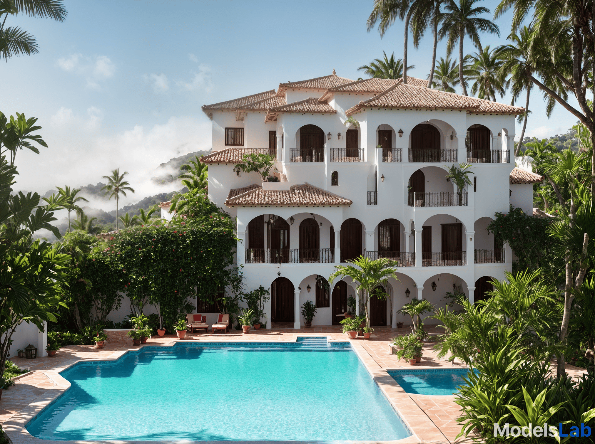  beautiful 2 level spanish style villa with tropical touch. keep small and simple hyperrealistic, full body, detailed clothing, highly detailed, cinematic lighting, stunningly beautiful, intricate, sharp focus, f/1. 8, 85mm, (centered image composition), (professionally color graded), ((bright soft diffused light)), volumetric fog, trending on instagram, trending on tumblr, HDR 4K, 8K