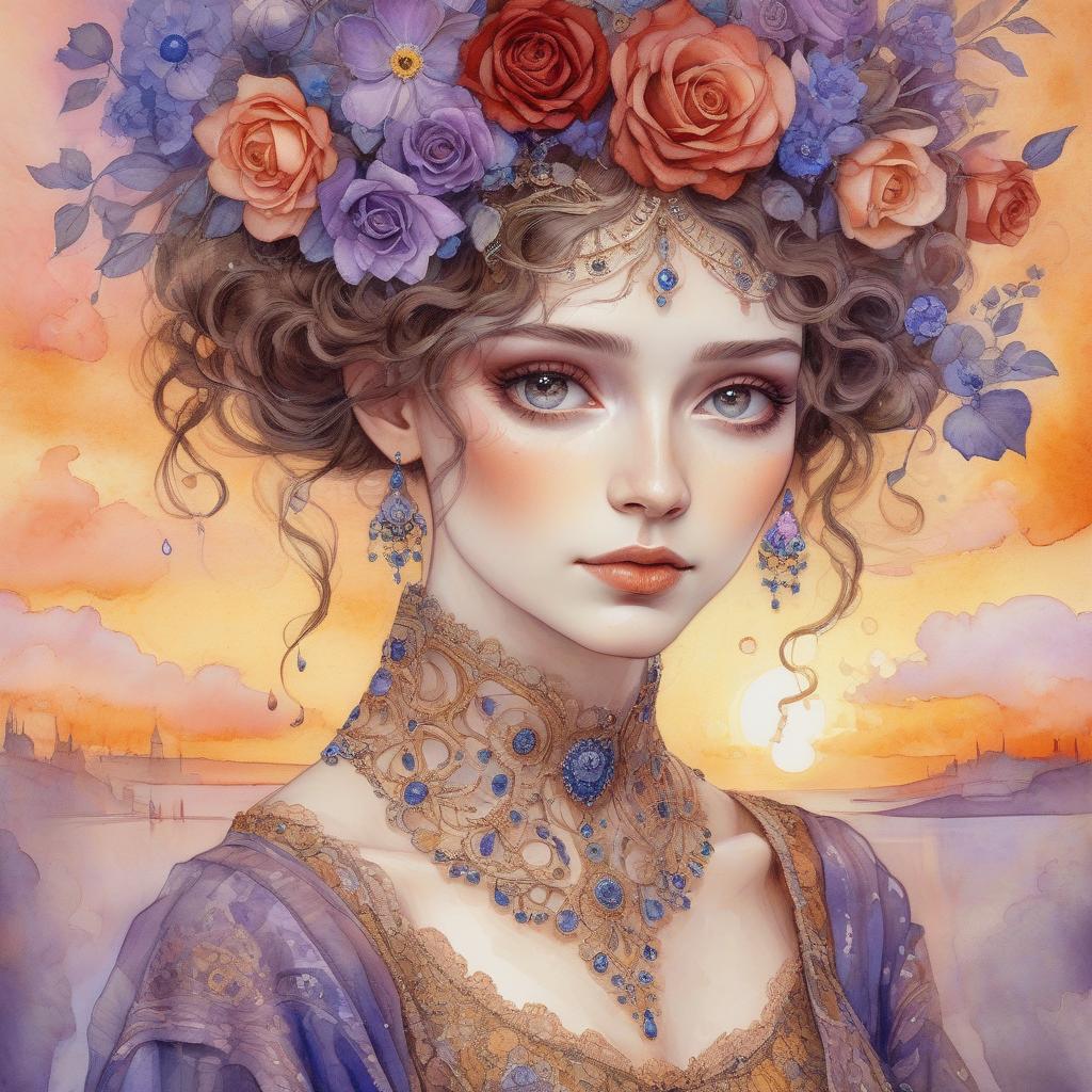  watercolor painting a close up full body portrait of an stylish beautiful woman dressed in klimt style with a beautiful and very detailed face,style of jean baptiste monge, van gogh style, so many kind of flowers ,roses, klimt style. sunset. background, masterpiece, use shades of purple , blue, red and green best quality, super detailed, high resolution, very detailed, 8k uhd, realistic, (natural light), amazing, fine details, best, high quality, raw photo. arte nova. ember filigree and lace. . vibrant, beautiful, painterly, detailed, textural, artistic