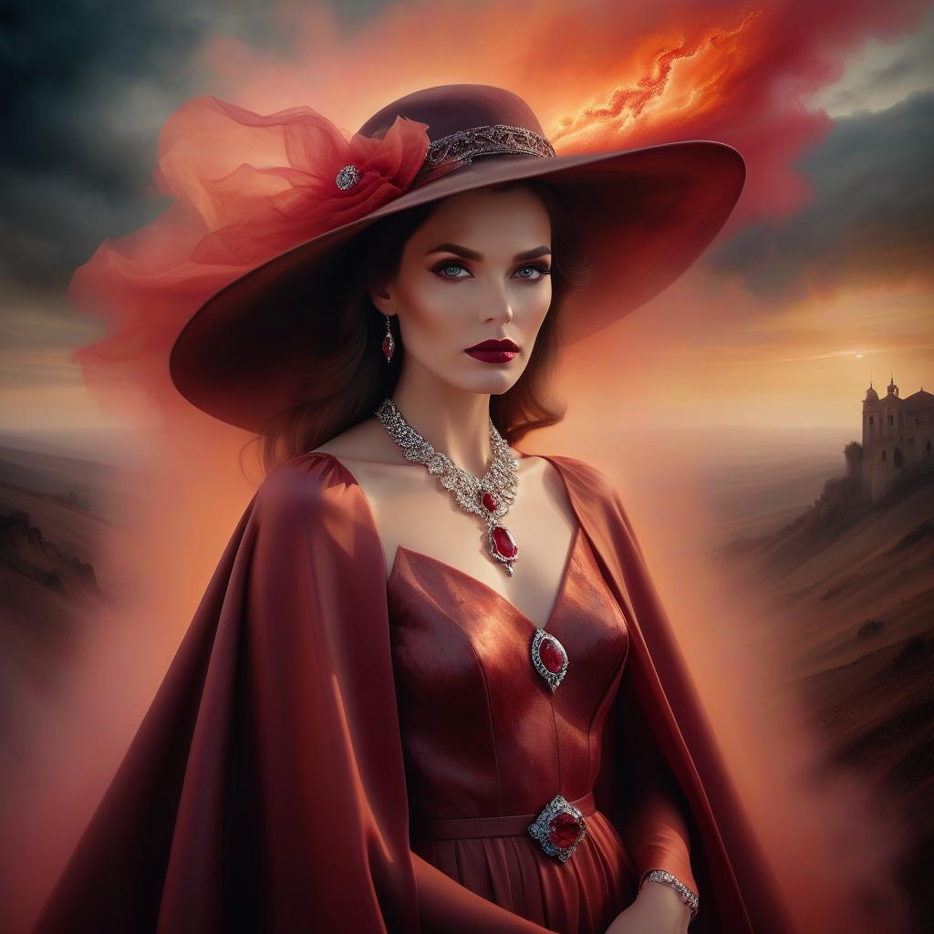  portrait of a stunning lady with the face of lois lane, in an exquisite cape dress and wide brimmed hat, in double exposure, jewelry with rubies, in a fiery mist, in a surreal setting, painted in oil on canvas in dark pastel colors, inspired by the influence of luis royo, against a beautiful baroque landscape, focal length 85 mm, aperture f/1.4, iso 50, blurred background, eye focus, shutter speed 1/1200, warm and cold color palette, realistic painting, ultra sharp, spectacular lighting, studio shooting, the best image in the field of portrait and landscape photography, a real masterpiece