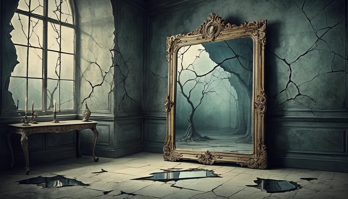  on parchment, surrealism+++, a mirror reflecting hidden truths, cracked surface, eerie reflections, dimly lit room, essence of fear, vulnerability(mysterious, provocative, symbolic,muted color)+++