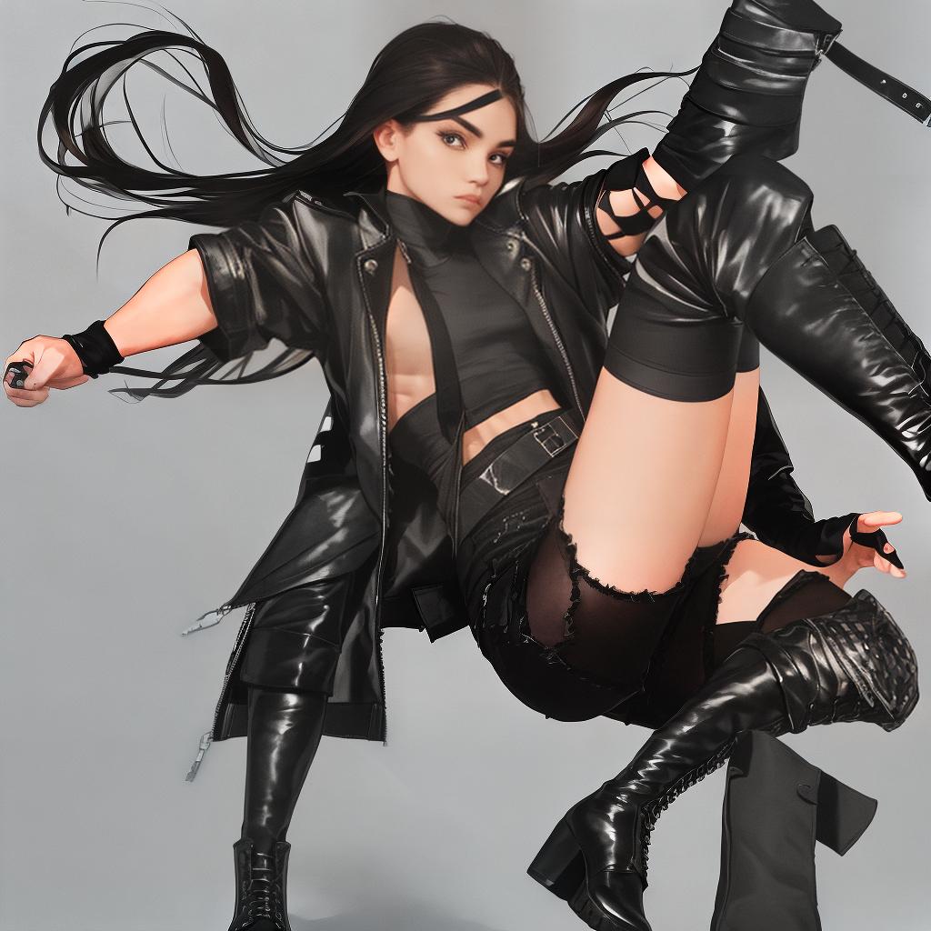  masterpiece, best quality,realistic, full body, rebel , muscular body, a bandage wrapped around , grey cloth shorts, ripped black tights, knee high combat boots with platform, oversized black aviator jacket, fingerless black gloves,