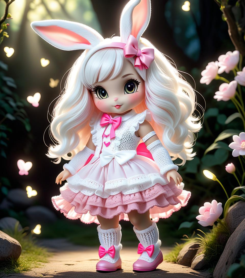  fairy tale a very cute white and pink fluffy bunny, cute cute, with long fluffy floppy ears, with a fashionable elegant crochet headband with a bow, and decorations, standing on two legs, in a crocheted white and pink jumpsuit with ruffles, tulle ruffles, with draperies, with ruffled tulle, with a bow, a peplum, very detailed, dressed in beautiful crocheted shoes with a bow, flying fireflies and neon hearts, glare of light, radiance, fabulously beautiful, tenderness, love, aesthetics, best quality: 1.3, for maximum detail and clarity, professional photo, fotorealism, high resolution, high detail , iso 3200, f/2.8, 16k, uhd, 1/8000sec, 30mm lens, bright light . magical, fantastical, enchanting, storybook style, highly detailed, sticker hyperrealistic, full body, detailed clothing, highly detailed, cinematic lighting, stunningly beautiful, intricate, sharp focus, f/1. 8, 85mm, (centered image composition), (professionally color graded), ((bright soft diffused light)), volumetric fog, trending on instagram, trending on tumblr, HDR 4K, 8K