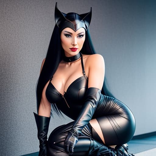  daring beautiful cosplay woman with long black hair dressed as catwoman with ripped costume kneeling in long high heeled boots, soft focus, depth of field, 8k photo, hdr, professional lighting, taken with canon eos r5, 75mm lens hyperrealistic, full body, detailed clothing, highly detailed, cinematic lighting, stunningly beautiful, intricate, sharp focus, f/1. 8, 85mm, (centered image composition), (professionally color graded), ((bright soft diffused light)), volumetric fog, trending on instagram, trending on tumblr, HDR 4K, 8K