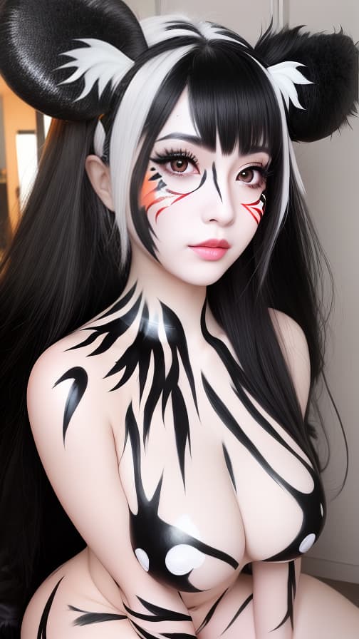  Black and White flame pattern body paint in every corner of the whole body, Blark body paint full body, White face paint on the face, two succubus sisters, full body image 女性