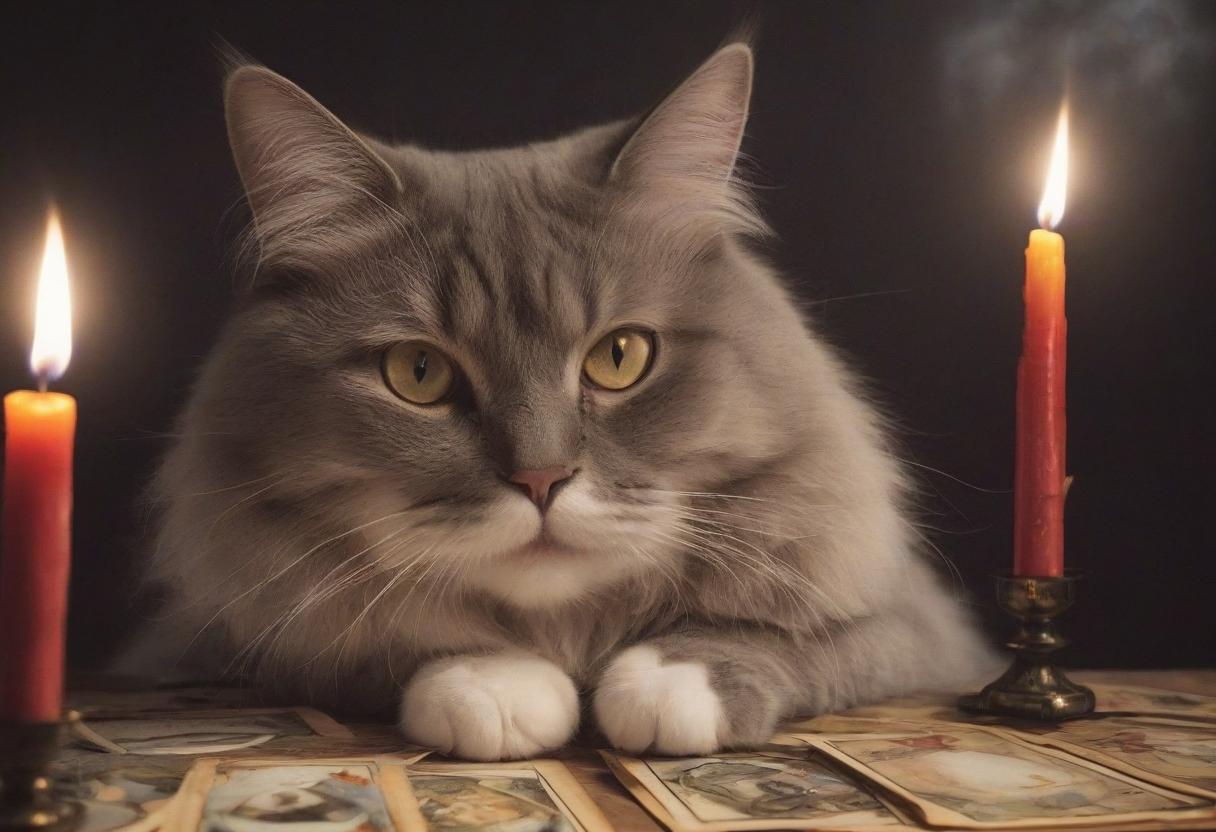  wise cat guesses on tarot face, stars, candles, mystery, magic