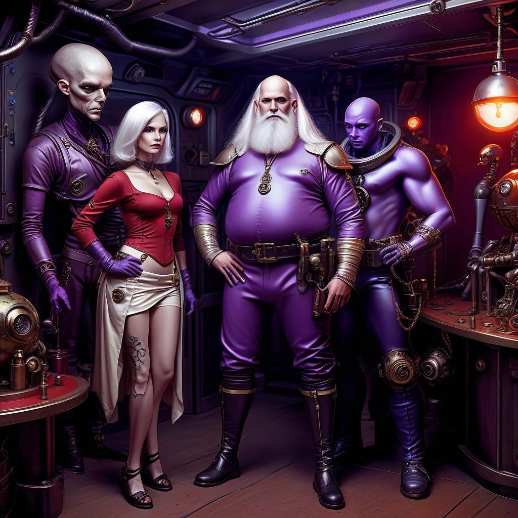  nautical themed a group of space pirates, a young alien, 20 year, purple skin, large size elastic , elegant thin waist, long slender legs, white hair. man, 40 year, small, fat, bald, black. next to the droid and minotaur. full length image, steampunk, dieselpunk, paropunk, standing in a space tavern, against a background of red light. . sea, ocean, ships, maritime, beach, marine life, highly detailed