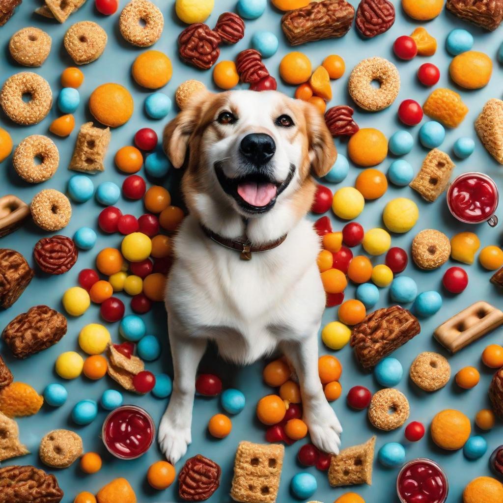  a dog floating in zero-gravity surrounded by colorful snacks hyperrealistic, full body, detailed clothing, highly detailed, cinematic lighting, stunningly beautiful, intricate, sharp focus, f/1. 8, 85mm, (centered image composition), (professionally color graded), ((bright soft diffused light)), volumetric fog, trending on instagram, trending on tumblr, HDR 4K, 8K