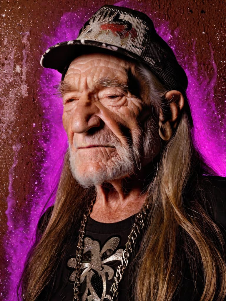  Singer Willie Nelson, medium shot, upper body, spotlight, long exposure lighting, street art style spray paint, glamour lighting