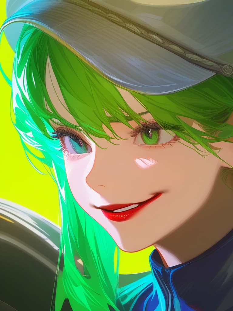  portrait view of a anime women,full white militar uniform hat,half face,joker mask,women face,photorealistic anime style,giger style,pop art tendencies,strong facial expression,(((green hair))),professional illustration,bold colors,chiaroscuro,beautiful shades,intense close ups,bright and glossy surface textures,octane render,zbrush ar 1:1 s 750