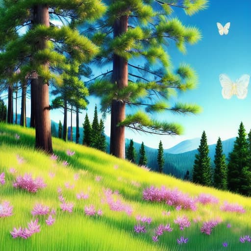  Create a Airbrushed Hyperrealistic Glossy Beautiful background of Pine trees a grass Beautiful different flowers on a hill Butterflies