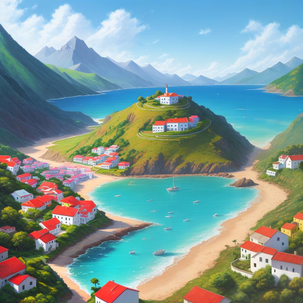  long landscape oil painting style drawing showing a coastline with colorful houses at the coast and small hills in the background and a yacht as the main focus in a crystalline beautiful turqouise lake with a shimmering sunlight view far away at the horizon. Realistic oil paintings style.