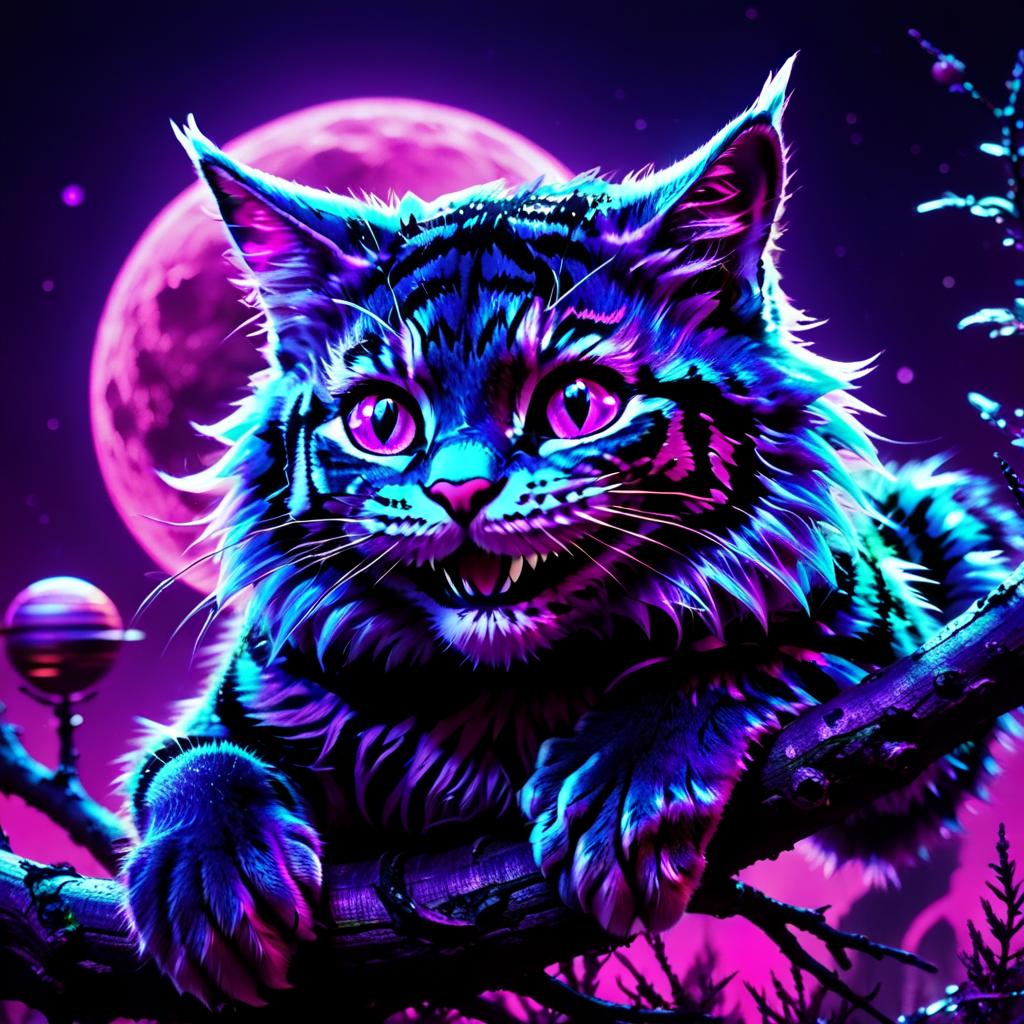  neonpunk style the cheshire cat smiles broadly and sits on a branch, purple black purple green colors, space, moon and planets in the background . cyberpunk, vaporwave, neon, vibes, vibrant, stunningly beautiful, crisp, detailed, sleek, ultramodern, magenta highlights, dark purple shadows, high contrast, cinematic, ultra detailed, intricate, professional