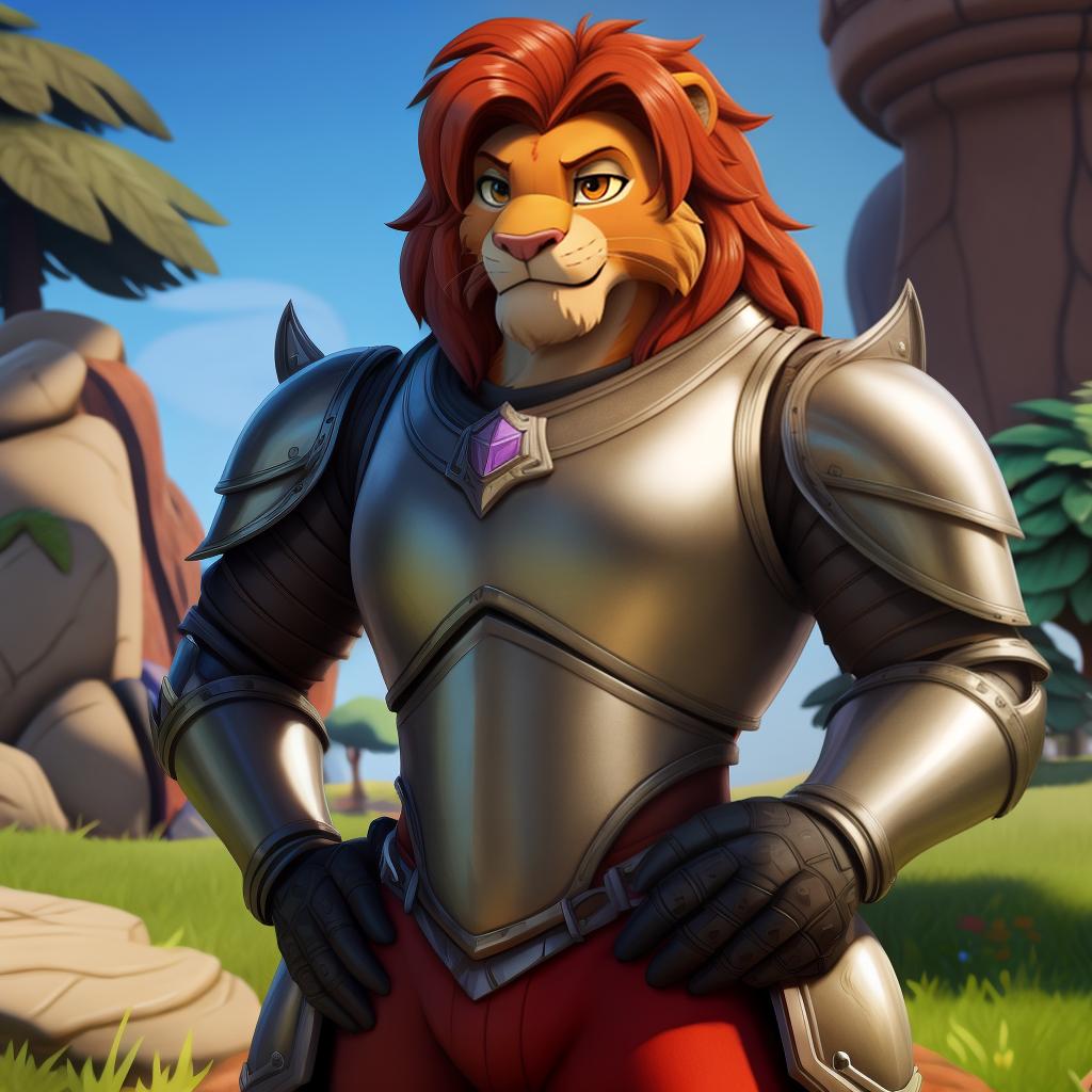  Simba (fortnite), full body, armour, open eyes, masterpiece, 4k, fine details,