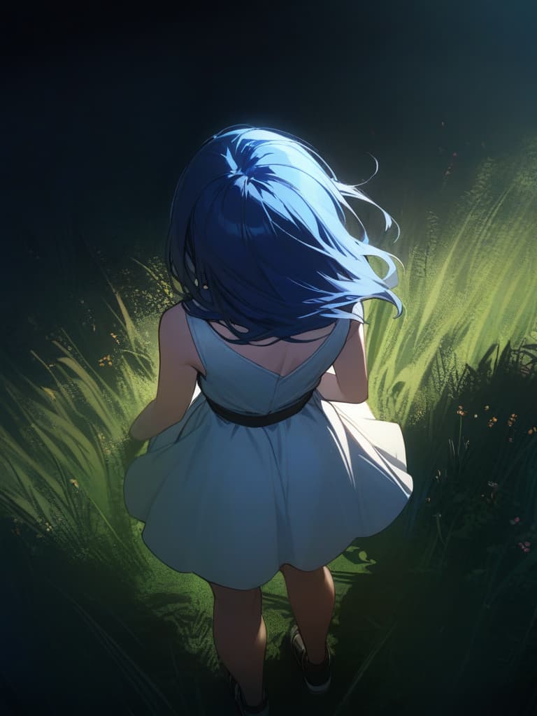  white dress, night, from back, looking up, looking up, grass, stand up, blue hair, best quounty, masterpiece, ultra detailed, healing, healing, healing, healing,