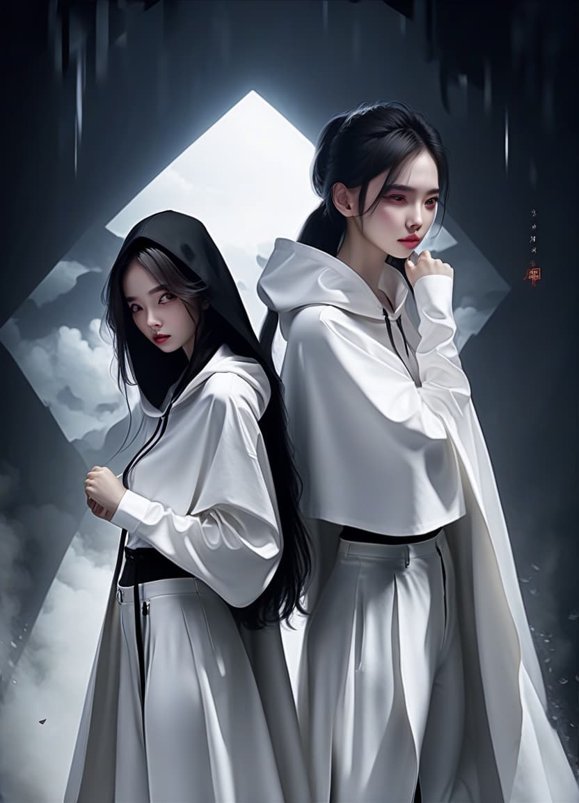  the girl is wearing a white shirt and black pants, a cloak with a hood is black on top, hkmagic