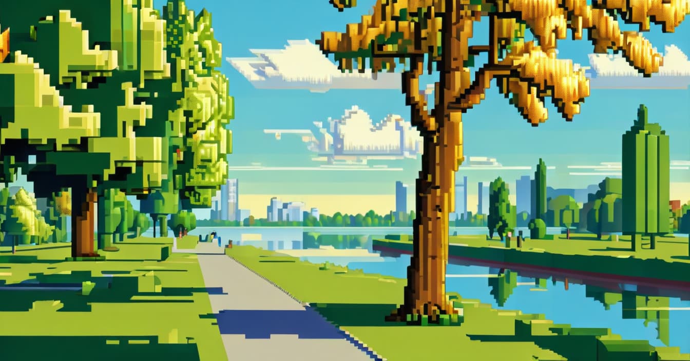  pixel art realistic landscape, metropolis in the distance, left linden tree and right linden tree, sunny summer day, wide angle camera, park, lake reflects trees, cinematic, bottom view . low res, blocky, pixel art style, 8 bit graphics