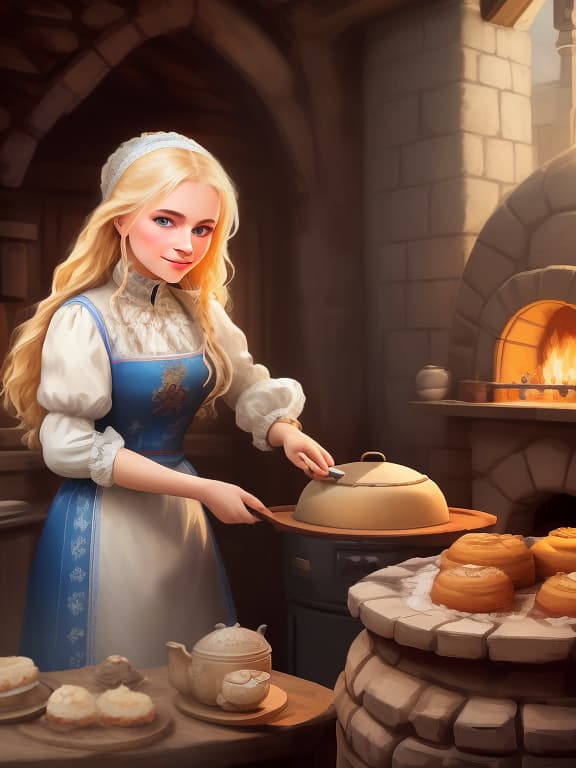  masterpiece, the best quality, a russian woman in traditional clothes prepares cakes in a stone oven, a very light smile, tense, piercing eyes, blue eyes, flowing blond hair, dressed in a traditional russian outfit, cooks in the open air, inside a wooden castle, against the background of an ancient russian throne room in a wooden castle, cartoon style, cute,