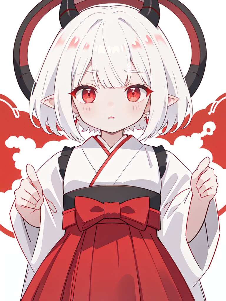  there are horns, girls, sharp ears, hakama, hanging, short hair, white hair, dragon's daughter, red and white hakama, red eyes, black horns, masterpiece, best quality,8k,ultra detailed,high resolution,an extremely delicate and beautiful,hyper detail