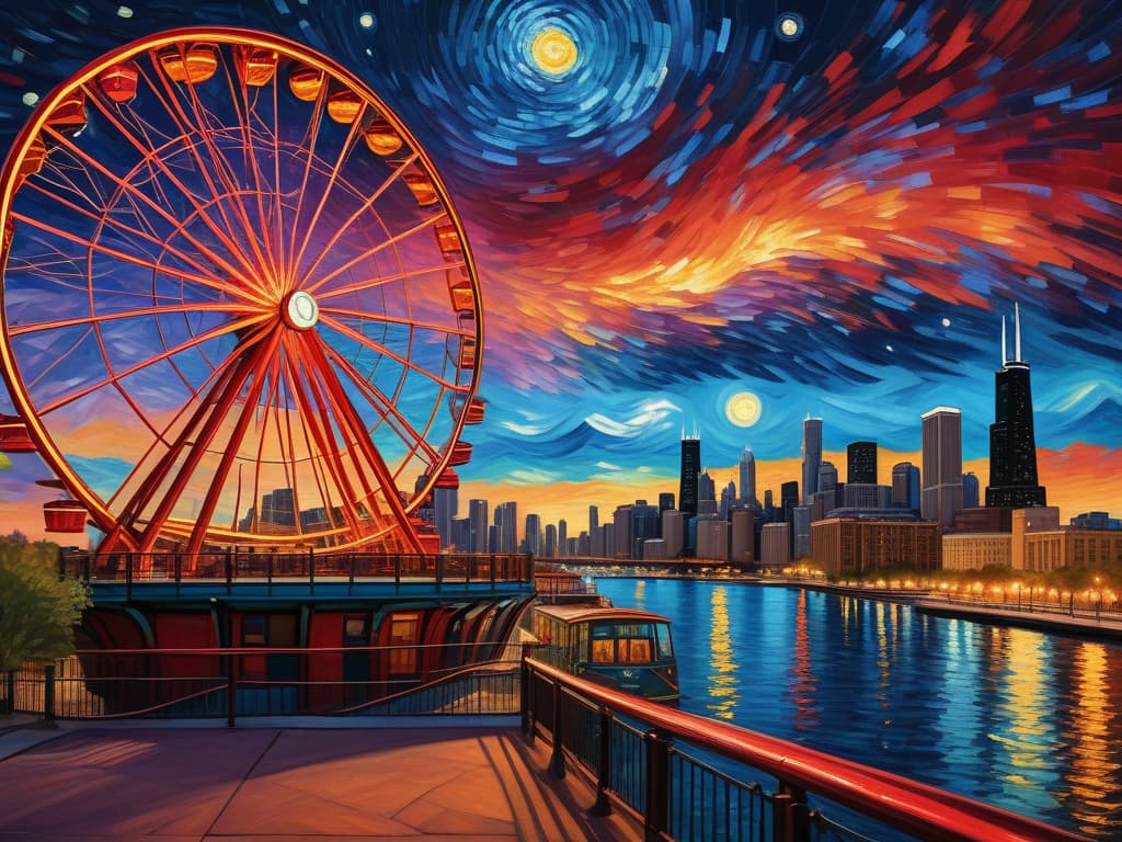  concept art chicago’s centennial ferris wheel, chicago’s navy pier, van gogh's starry starry night with colorful red and orange swirls in the beautiful night sky, chicago skyline with colorful van gogh swirls in the sky, hyper realistic, chicago skyline, mesmerizing, intricate details, flambient golden and red sunrise, dramatic lighting, epic composition, wide angle, cinematic, masterpiece, high resolution, sharp details, best quality, 4k, raw photo, van gogh influence, studio lighting, impressionist, bold colors, starry sky, architectural elements, medium format lens, high angle, cityscape, city life, metropolitan, van gogh's brushstrokes, van gogh's shadows, van gogh's colors, van gogh's textures, nighttime, city scene, streets, night