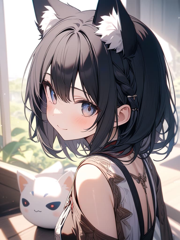  fox ears, smiles, hair tip blue, black hair, cute, virtual, short hair, braided ears, the cutest in the world, short hair, masterpiece, best quality,8k,ultra detailed,high resolution,an extremely delicate and beautiful,hyper detail