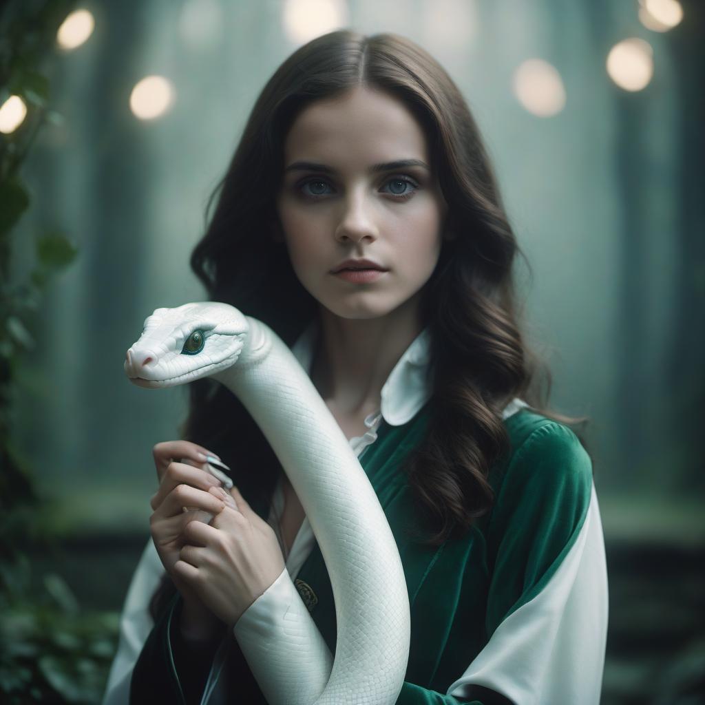  cinematic photo brunette girl in the shape of slytherin holds a large white snake . 35mm photograph, film, bokeh, professional, 4k, highly detailed, hkmagic