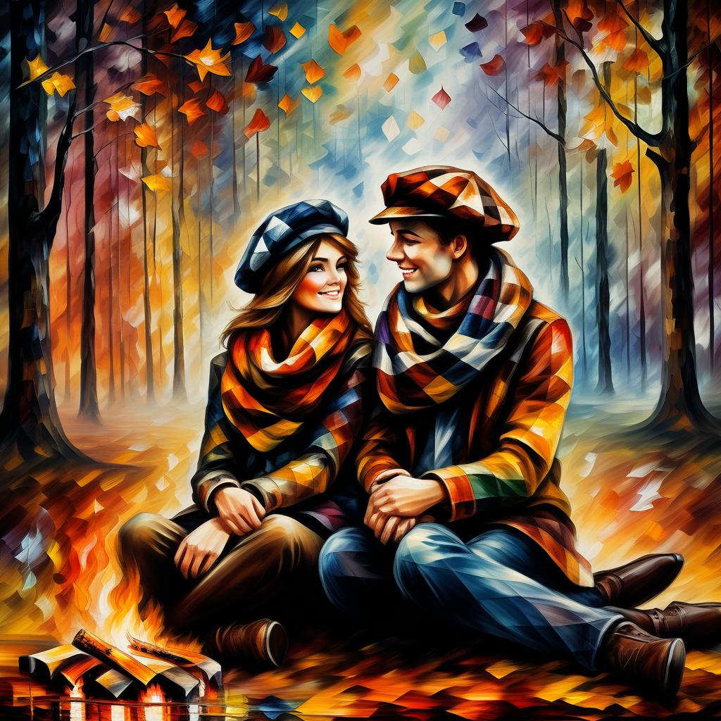  (style of leonid afremov:1.5), two young people in love, checkered scarves, checkered berets, sit in front of a fire in an autumn forest, holding hands, epic realism, anime features, dark fantasy, abstract horror, desaturated color palette, gothic and renaissance aesthetic, (happy smiles:1.4 ),