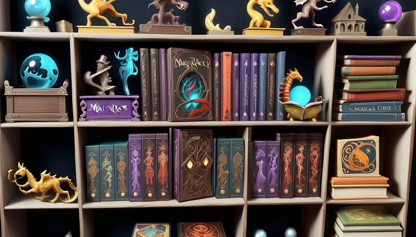  magic rack with board games and books, on which there are magical artifacts and chests