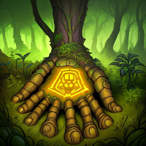  the hand of a golem that peeks out from the ground, overgrown with plants in the forest, arcane style, borderlands style, telltale games style, oil painting, simple colors, low detail, vivid colors, defined lines, defined edges, digital art, cartoon look, cartoon style, sharp shadows, dark