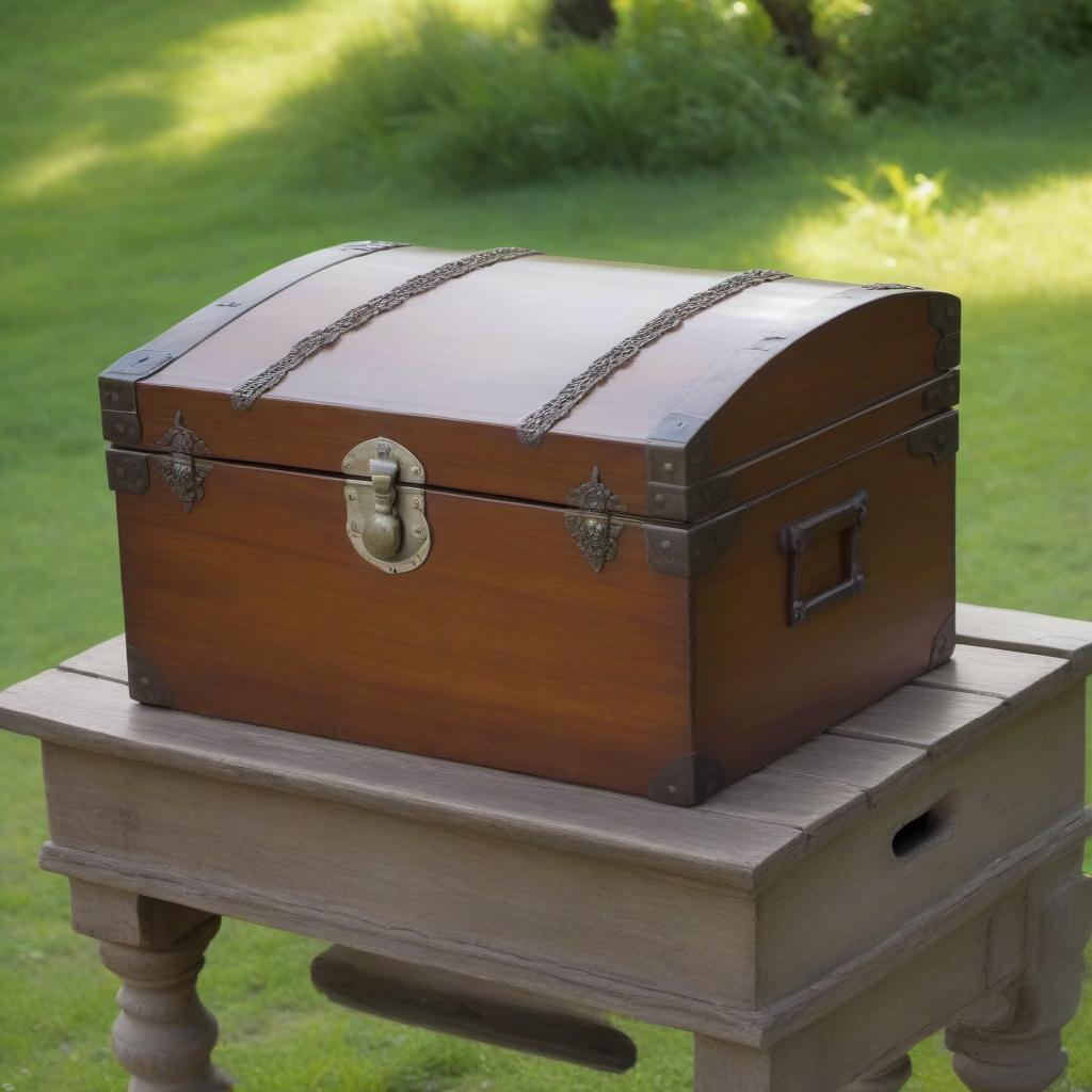  close-up of an antique chest with an open lid, artistic photography, against a nature background, 3:4