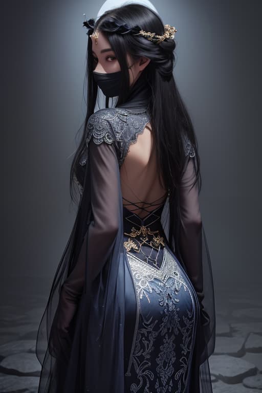  depicts a mysterious young woman with an unfathomable expression, hidden in the shadows. exquisite decorations cover her face, with intricate carvings and delicate silver and gold accents. her jet black long hair flows down her back like a waterfall in the night. her skin, illuminated by the moonlight, high cheekbones and luxurious aura, stand out against the dark background that changes color from deep blue to ink black, evoking mystery and intrigue, with subtle highlights of the long moonlight, an eerie glow on her mask and hair, and delicate lace patterns reminiscent of silver threads woven into her dark, flowing clothing., advertising photo,high quality, good proportion, masterpiece , the image is captured with an 8k camera