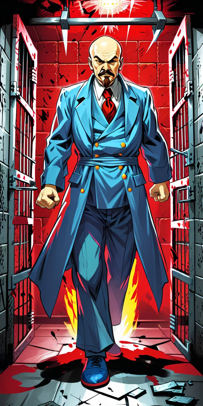  fighting game style lenin in a prison cell . dynamic, vibrant, action packed, detailed character design, reminiscent of fighting video games