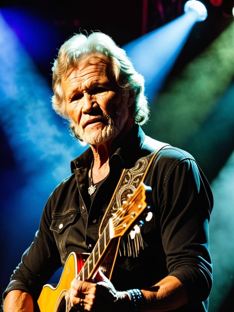  Country singer, Kris Kristofferson, on stage, medium shot, upper body, spotlight, long exposure lighting, street art style spray paint, glamour lighting