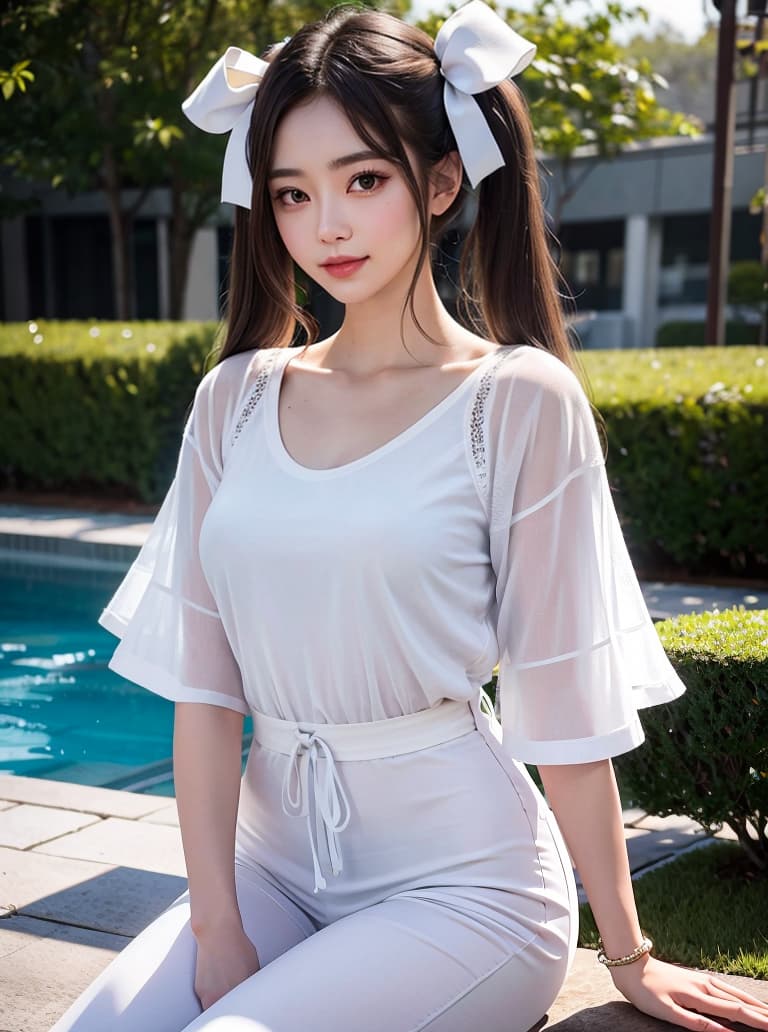  best quality, masterpiece, photo, beautiful hair, beautiful face, beautiful eyes, beautiful skin, , detailed skin, 1girl, , , japanese , brown hair, black eyes, short high twintail, white t shirt, hair ribbon,( slightly :1.1), tangled hair, smile, skin, clothes, in water, windy, poolside, front lighting, front light, bloom, cow shot, hyperrealistic, full body, detailed clothing, highly detailed, cinematic lighting, stunningly beautiful, intricate, sharp focus, f/1. 8, 85mm, (centered image composition), (professionally color graded), ((bright soft diffused light)), volumetric fog, trending on instagram, trending on tumblr, HDR 4K, 8K