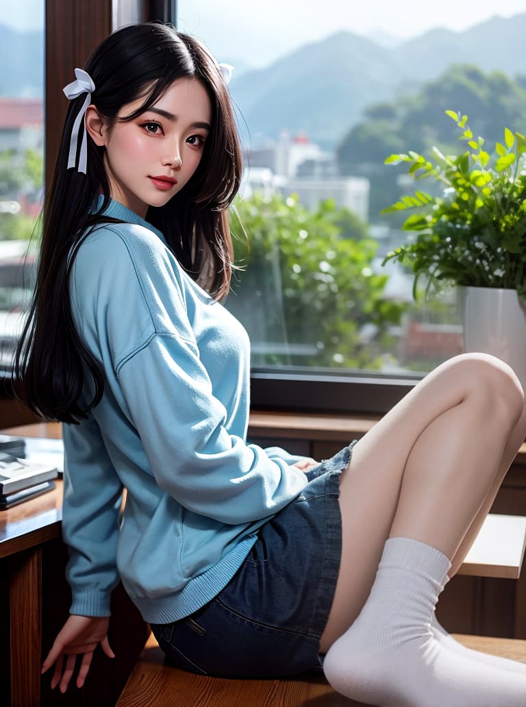  cinematic, best quality, photo, 1girl, , female , , serafuku, hair ribbon, socks, waring clothes, loose wearing, close up, beautiful black hair, sitting on desk, legs open, cl room, , morning, 50mm, f2.8, beautiful sky, beautiful back ground, beautiful face, beautiful eyes, detailed face, smile to viewer, front view, slightly , hyperrealistic, full body, detailed clothing, highly detailed, cinematic lighting, stunningly beautiful, intricate, sharp focus, f/1. 8, 85mm, (centered image composition), (professionally color graded), ((bright soft diffused light)), volumetric fog, trending on instagram, trending on tumblr, HDR 4K, 8K